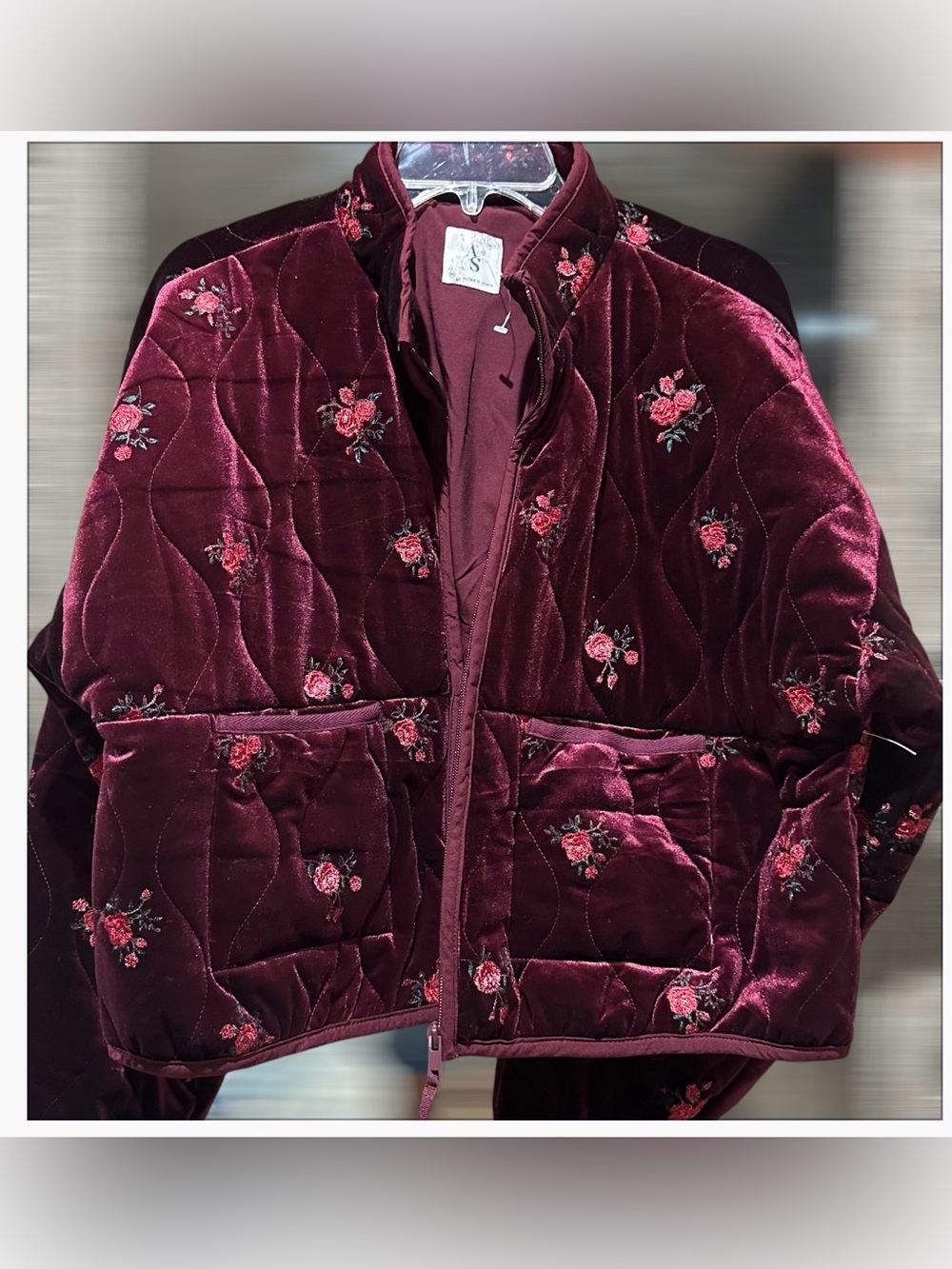 Altar’d State Velvet Quilted Floral Bomber Jacket Burgundy - Size M